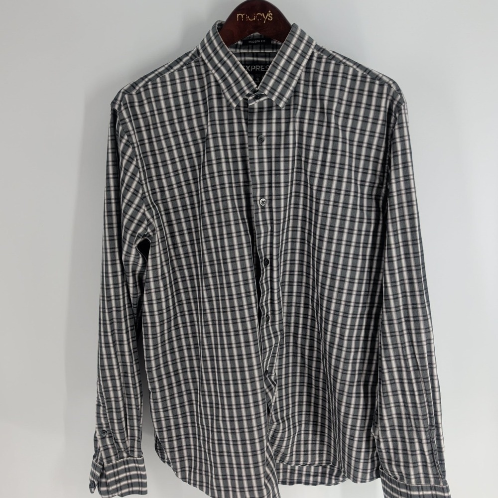 Express Modern Fit Plaid Western Button-Up Dress Shirt Gray White Size XL